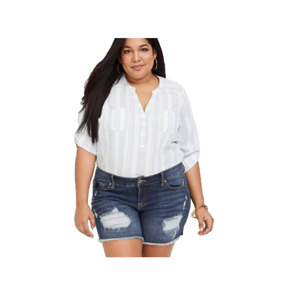 Torrid Women's Blue White Chambray Fit Pullover 3/4 Sleeve Blouse Size 2X